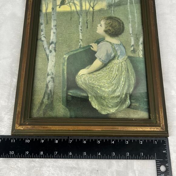 Vintage Framed “Spring Song” Print by Simon Glöcklich Girl Watching Bird 11x14 - Picture 3 of 6